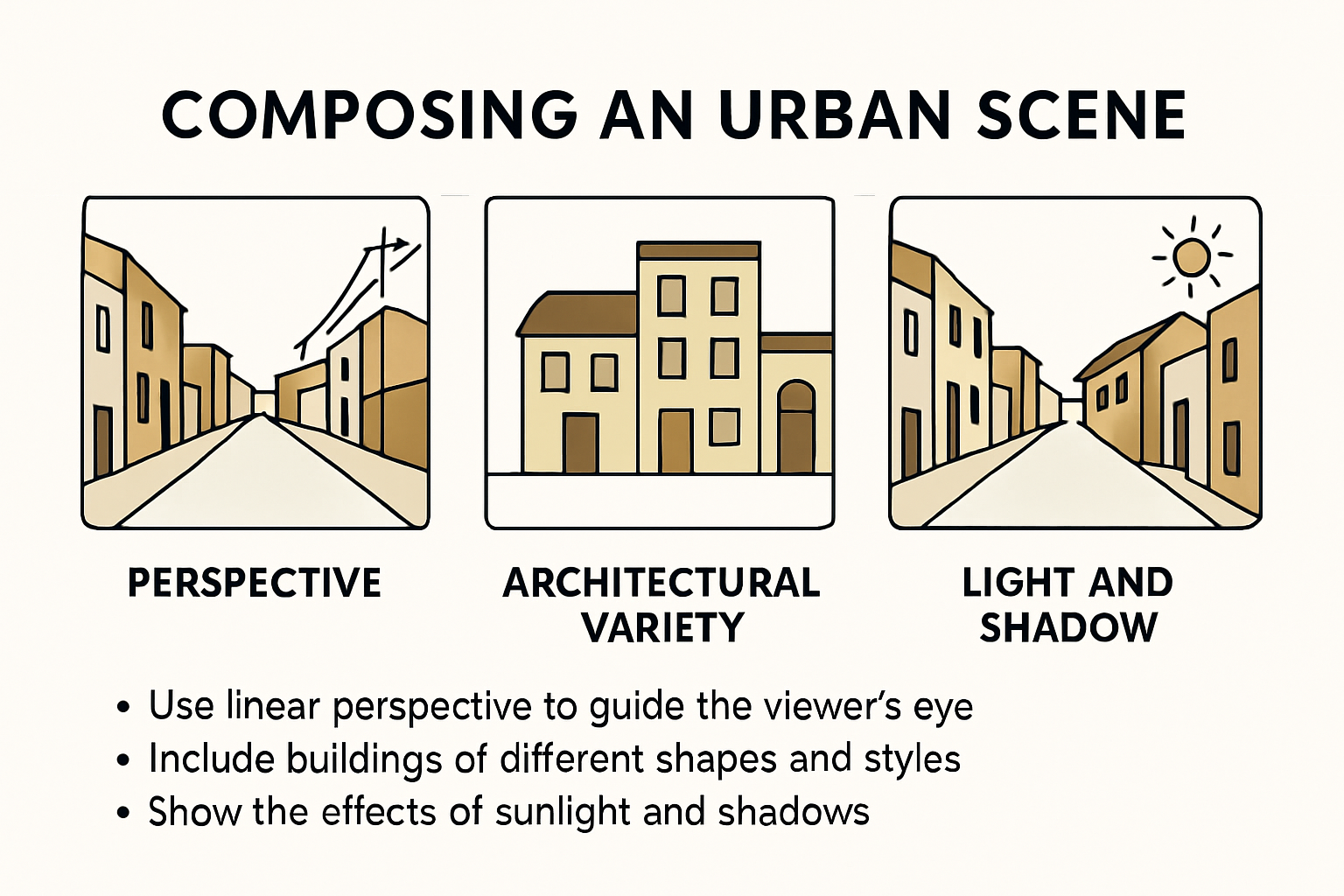 Urban scene composition infographic with perspective and buildings