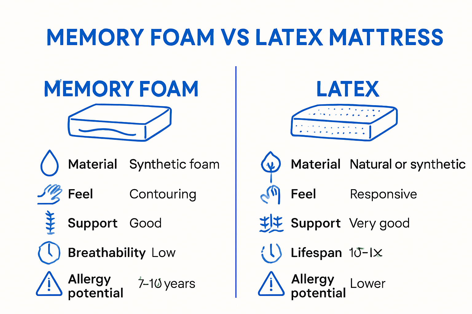 Side-by-side memory foam vs latex mattress features infographic