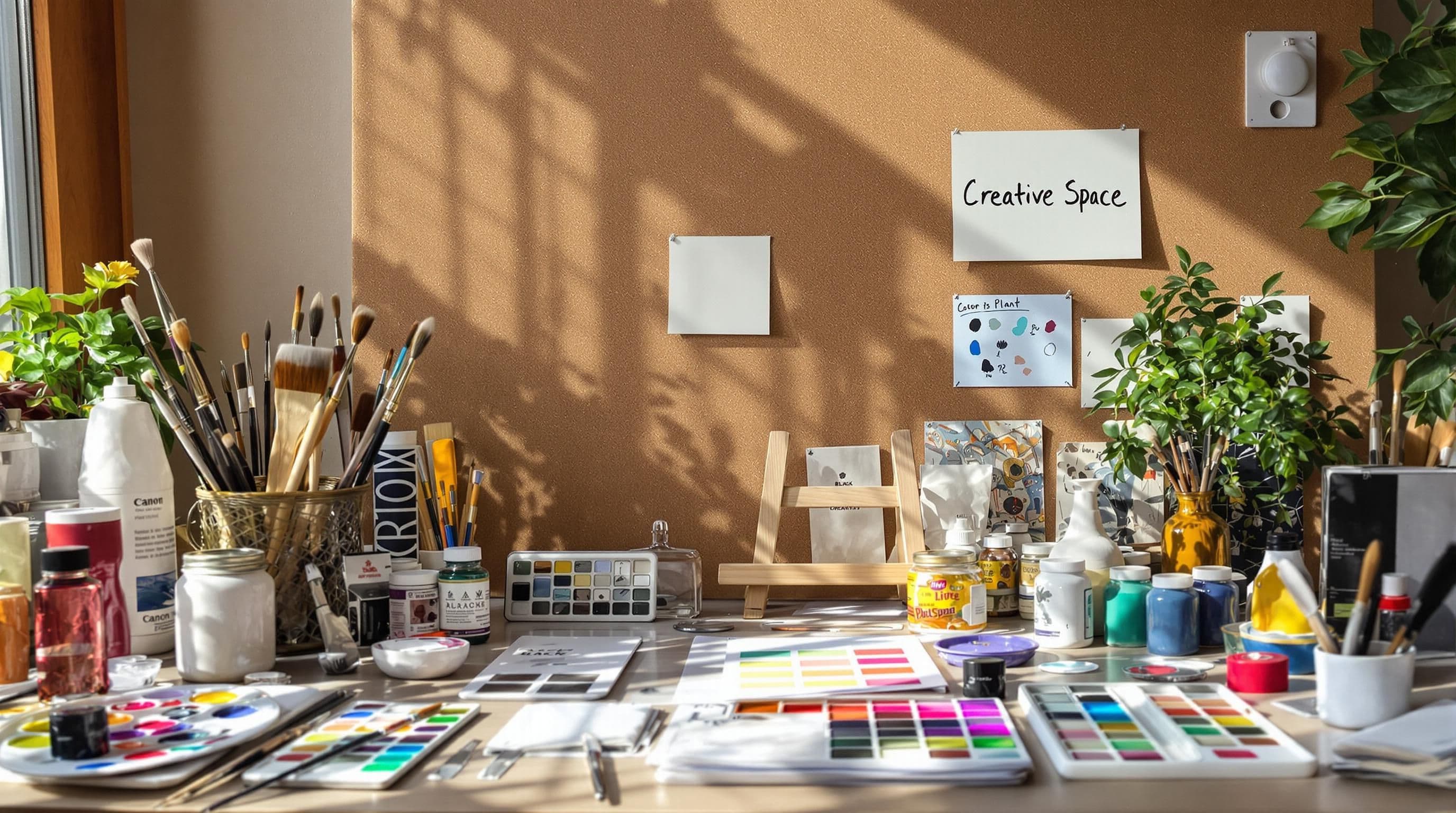 Artist workspace for abstract painting with tools and Creative Space note