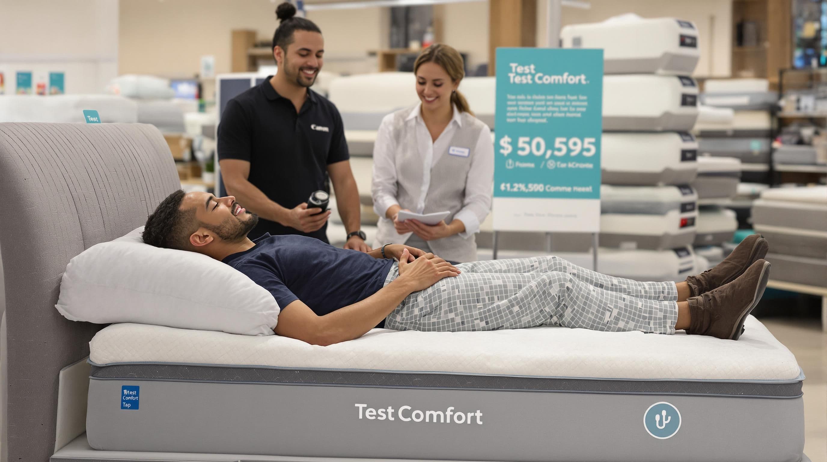 Shopper testing a mattress for comfort in-store with advisor present