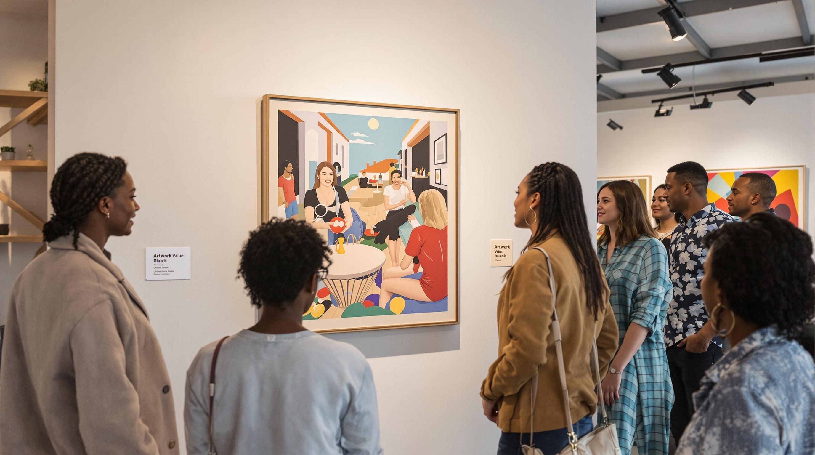 Gallery curator showing unique artwork with 'Artwork Value' signage