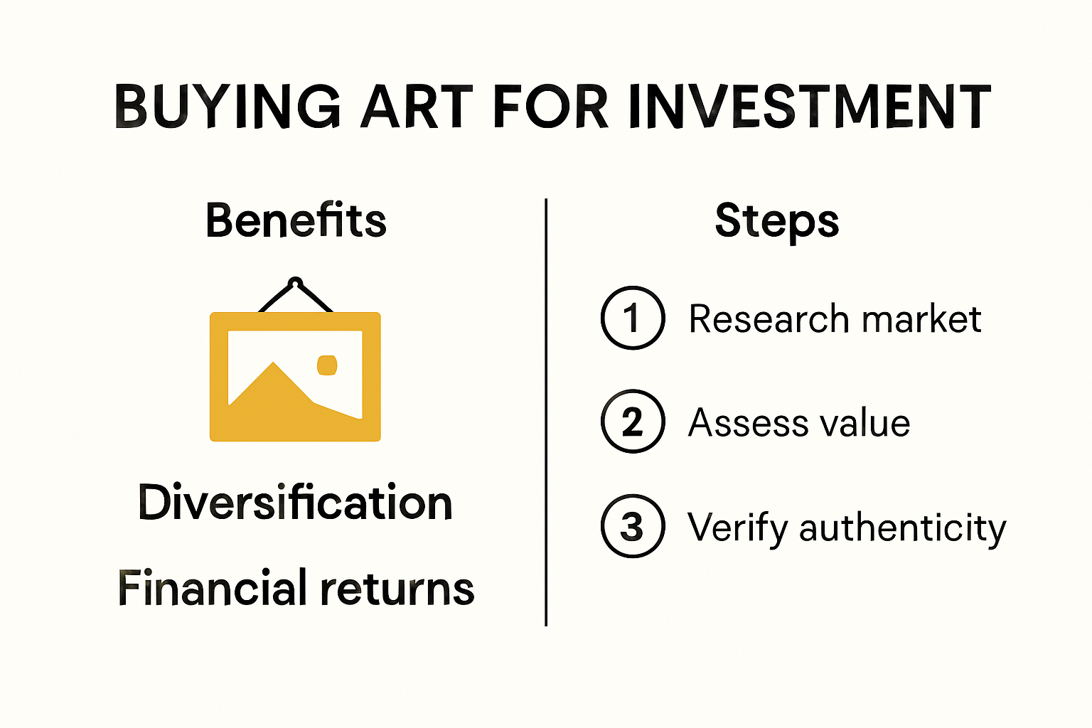 Infographic showing benefits and steps of buying art for investment