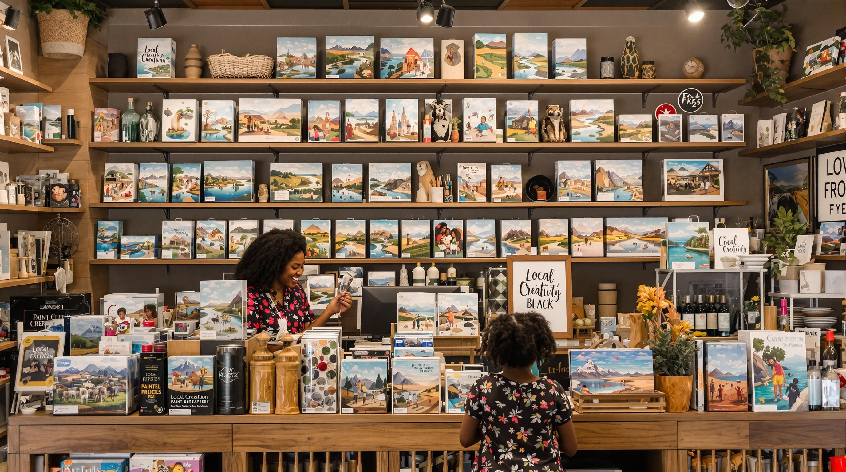 Mother and daughter selecting local paint by numbers kits in a cozy shop