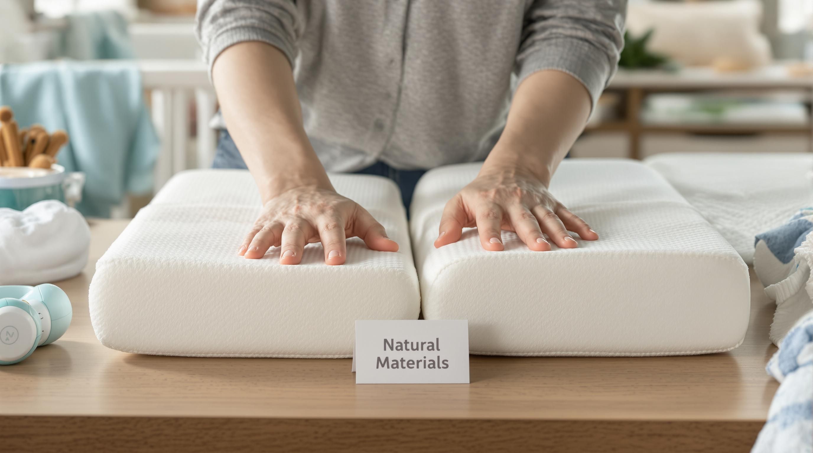 Mother comparing natural versus synthetic cot mattresses with 'Natural Materials' info card