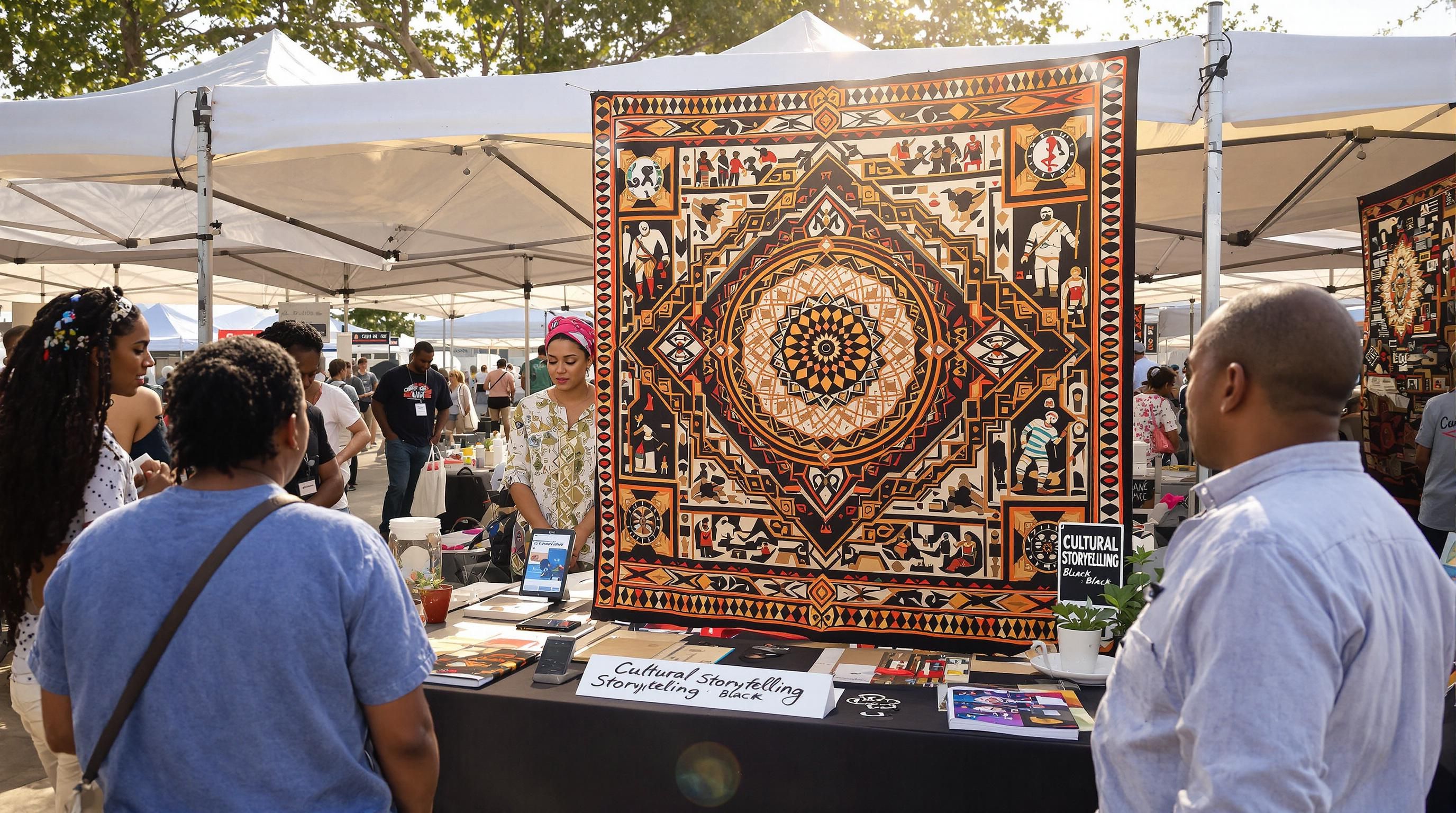 Artist and visitors discuss textile art, highlighting cultural storytelling
