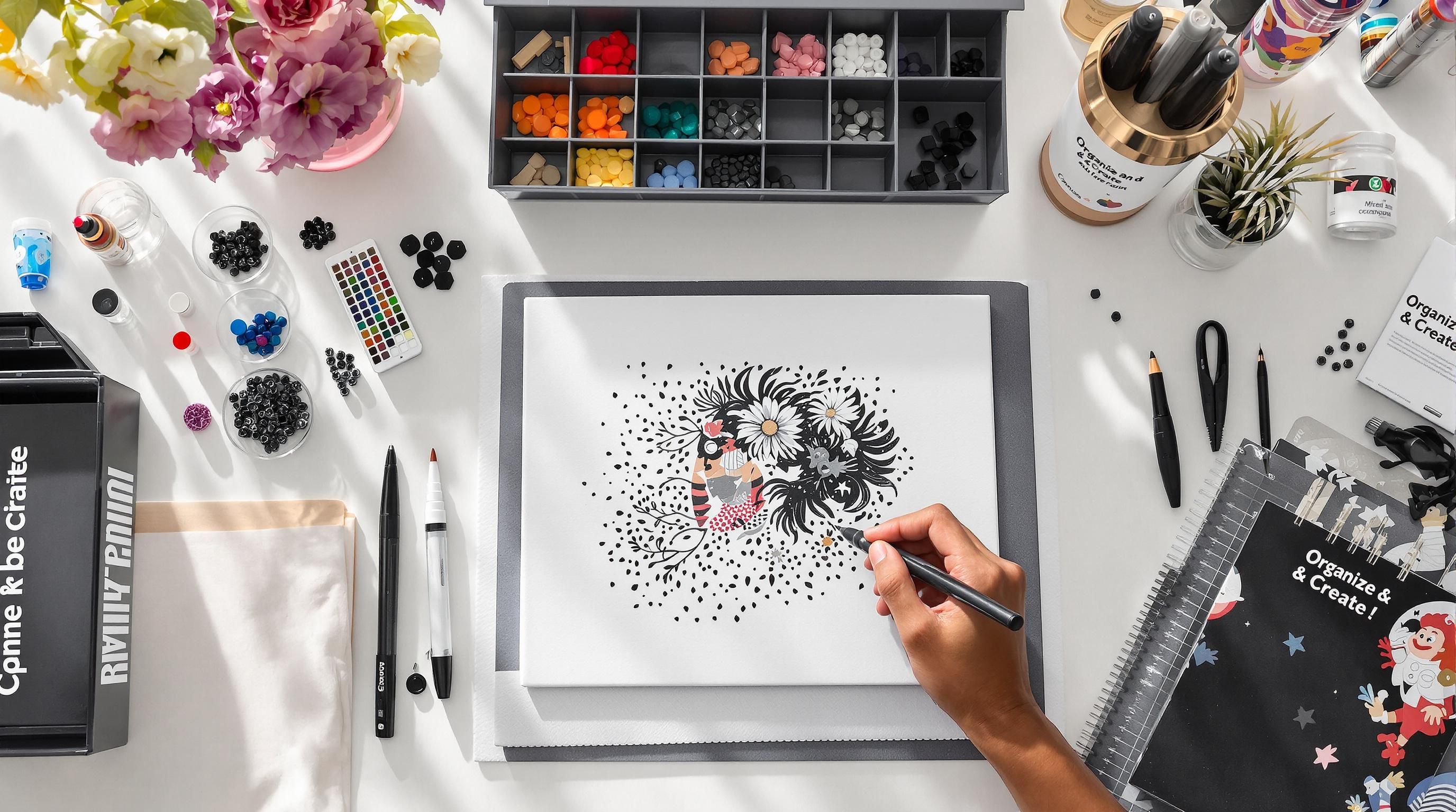 Hands organize and apply diamonds in a neat workspace