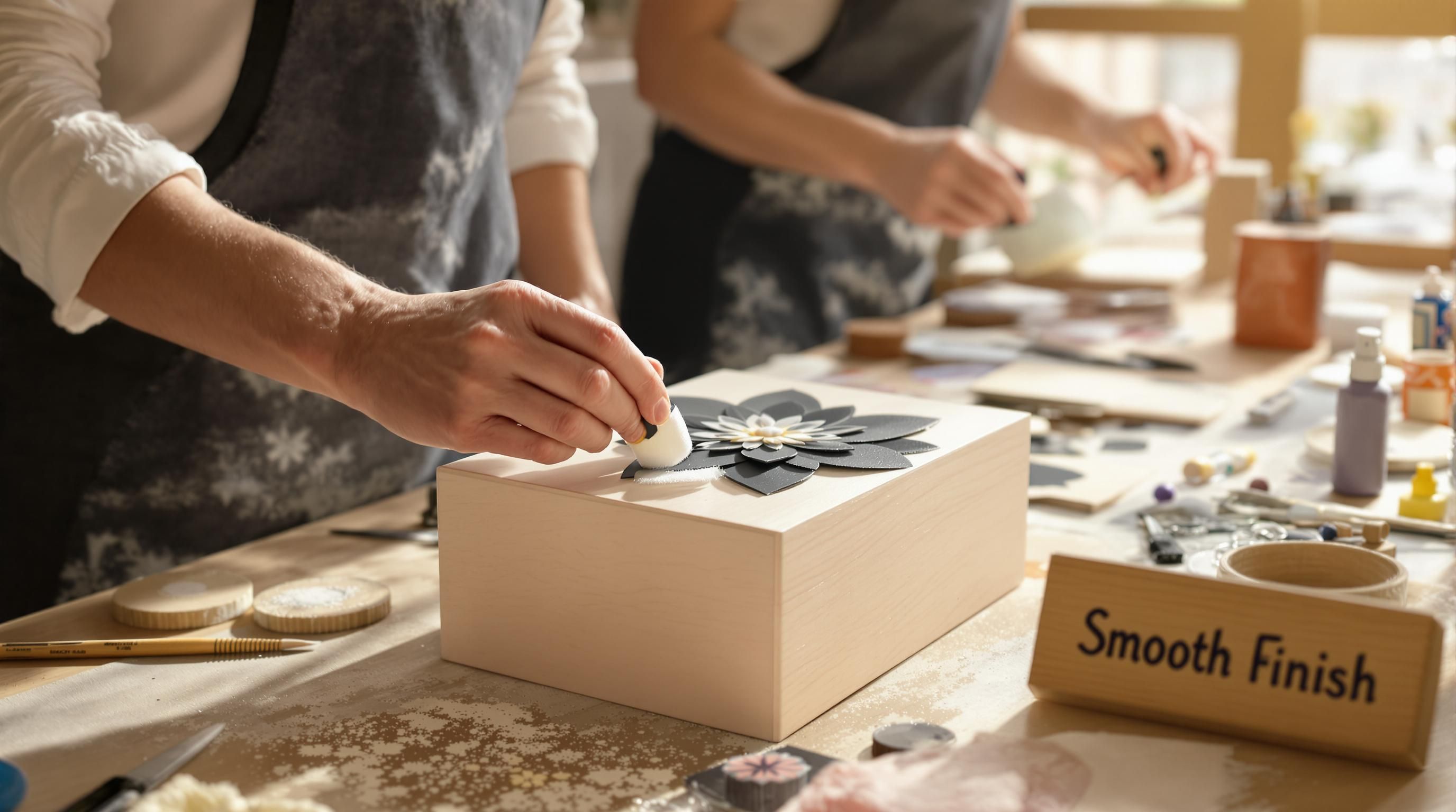 Hands using brush to decoupage paper onto wooden box