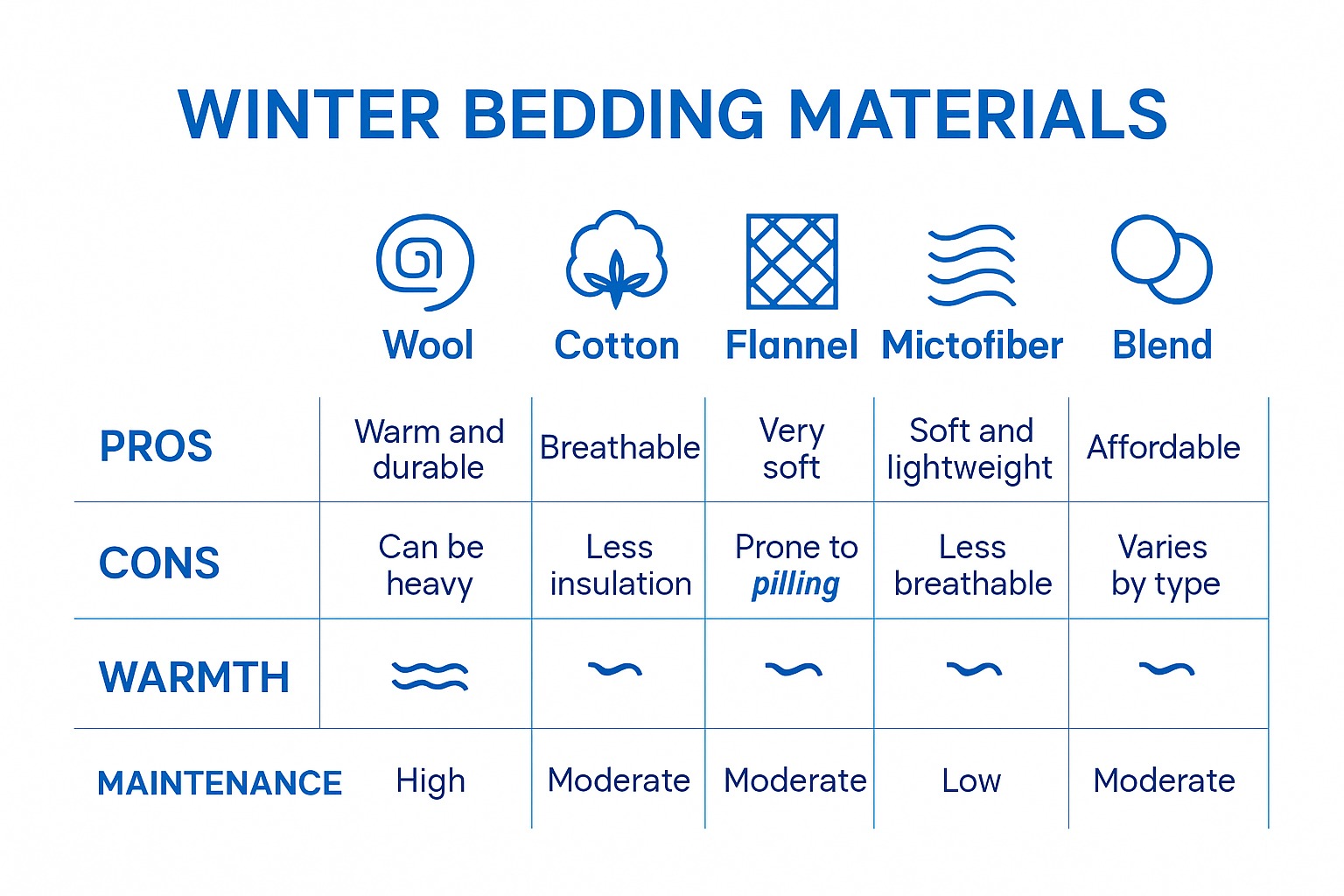 Comparison chart of winter bedding materials and warmth