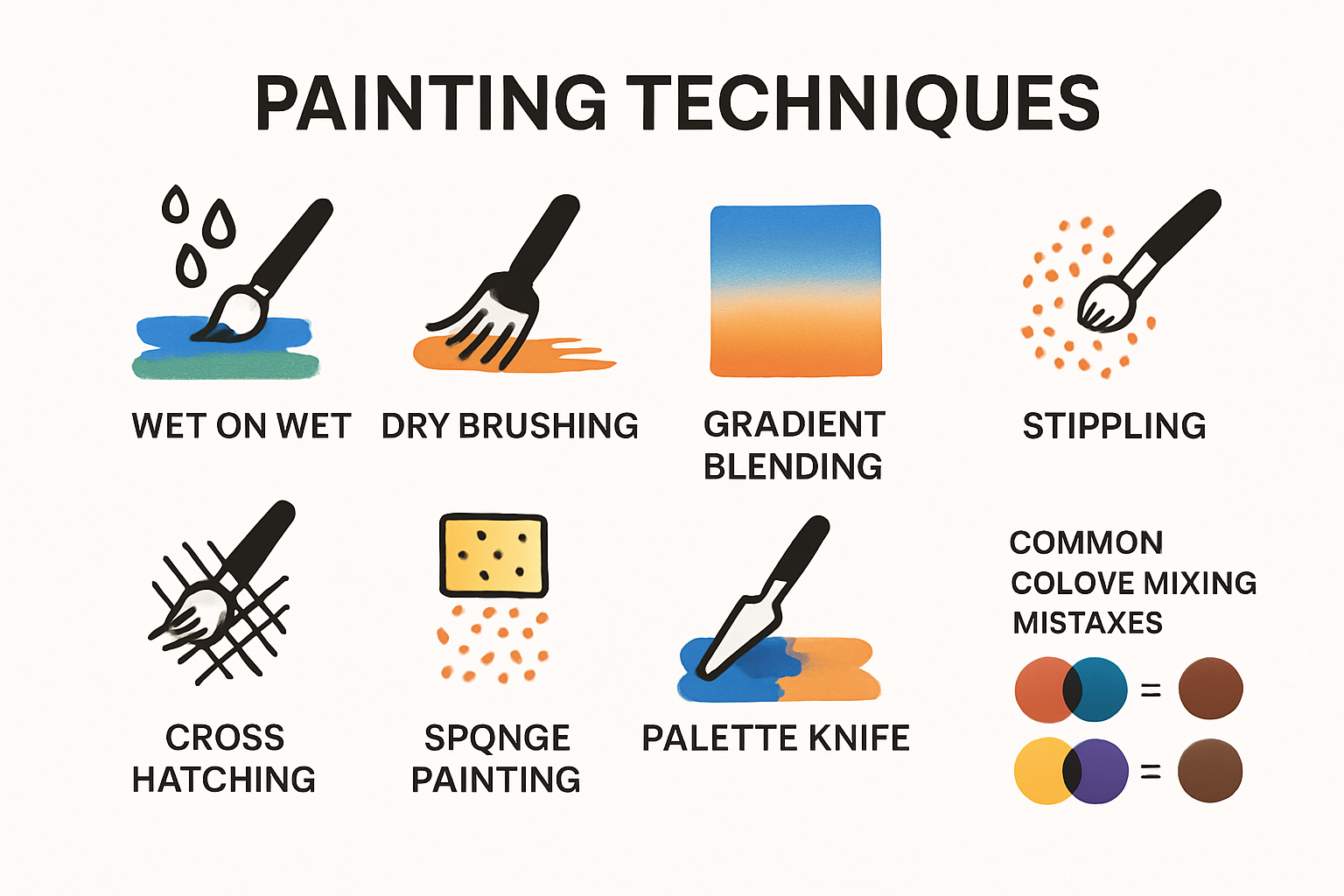Visual summary of beginner painting techniques and mixing mistakes