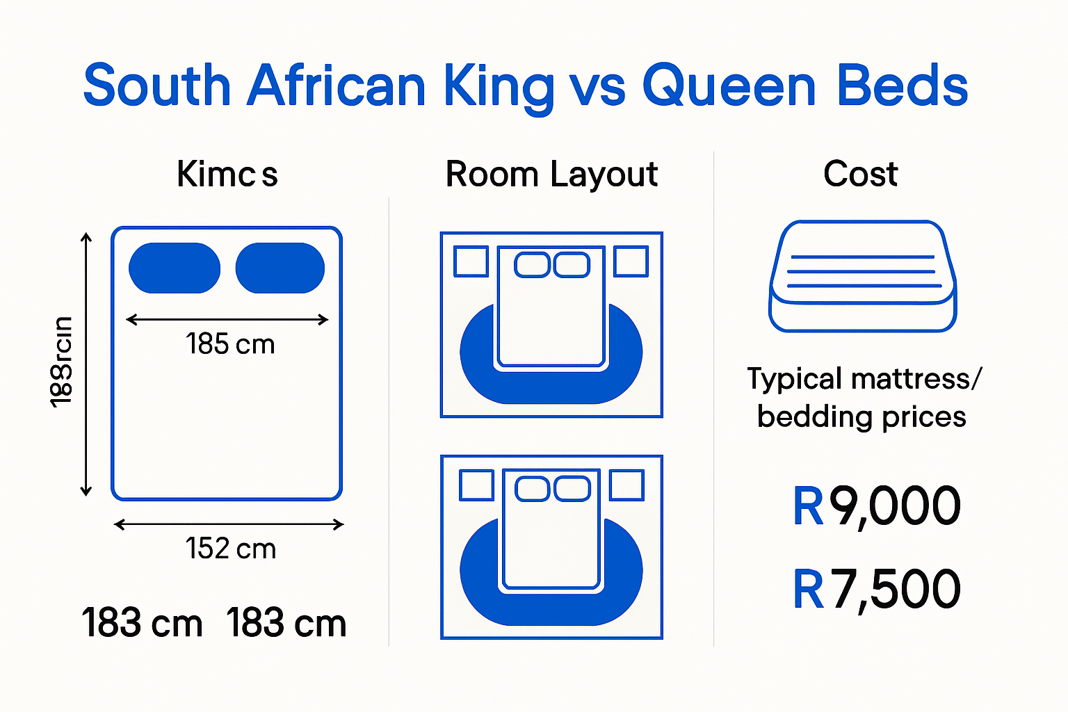 King vs queen bed sizes and cost infographic