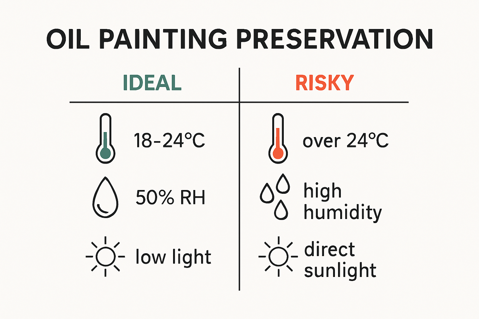 Infographic shows temperature, humidity, and light risks for oil paintings.