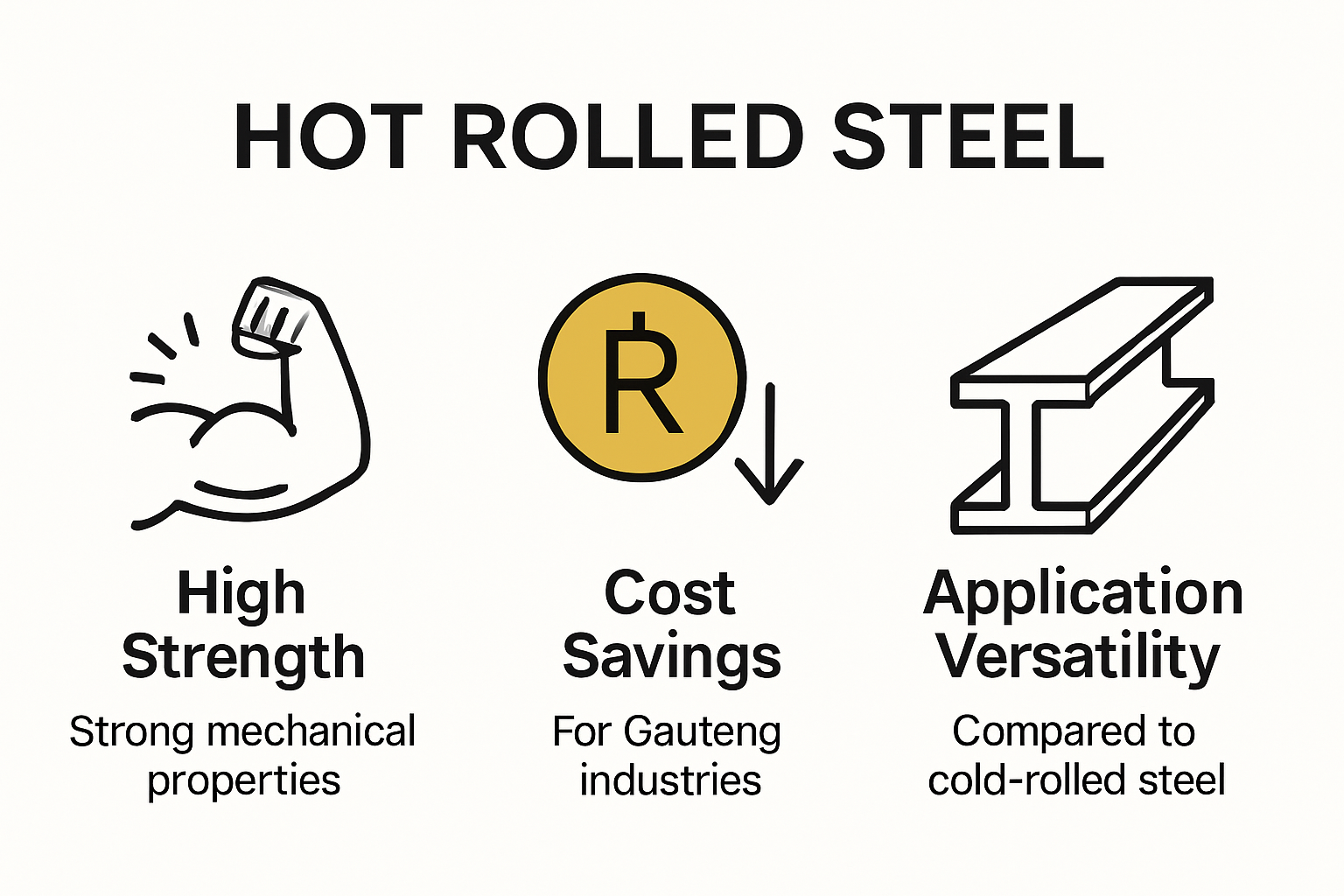 Visual infographic explaining hot rolled steel's properties and industrial uses
