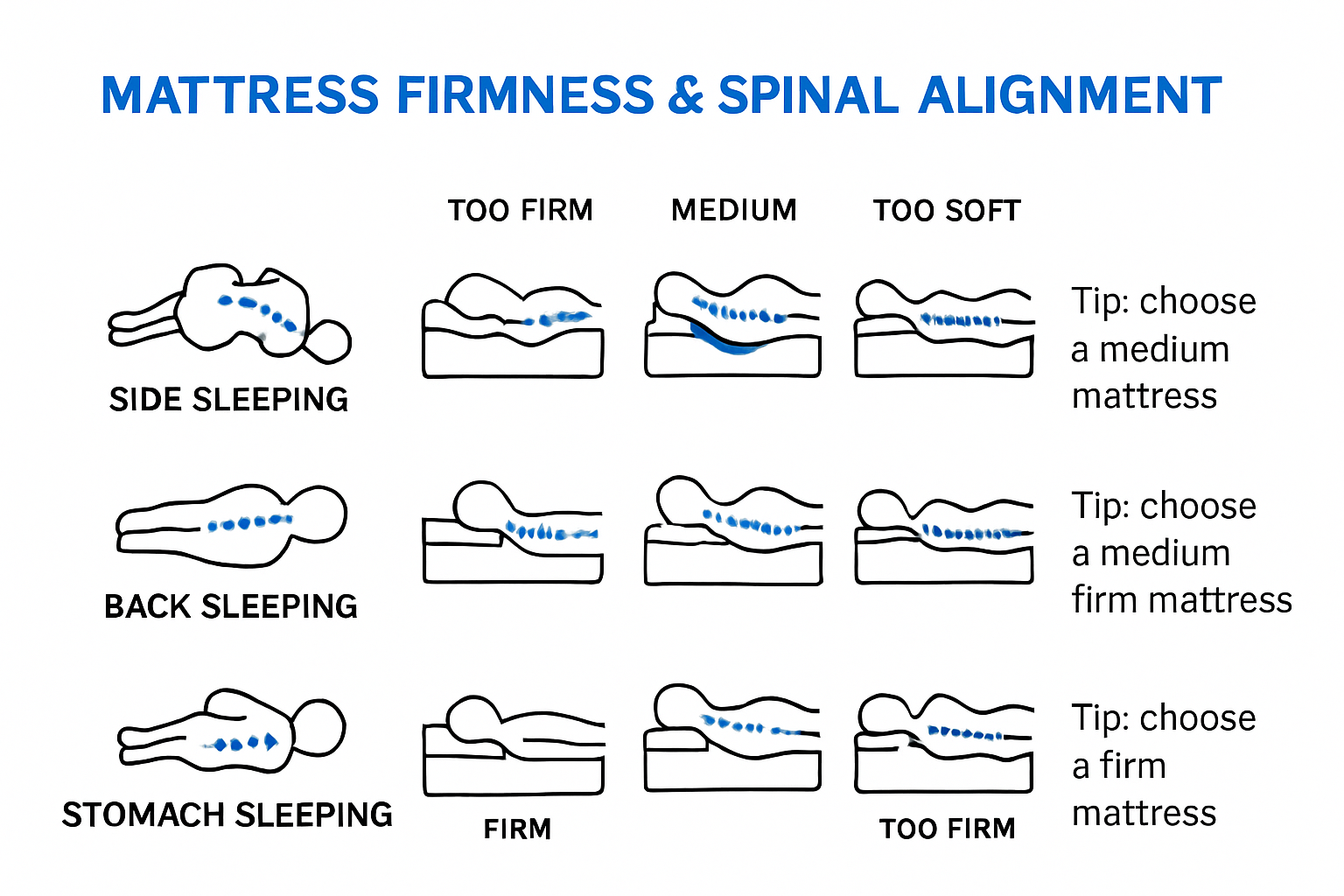 Spinal alignment and mattress firmness for sleep positions infographic