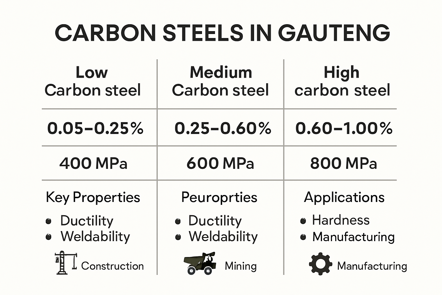Carbon steel types properties comparison infographic