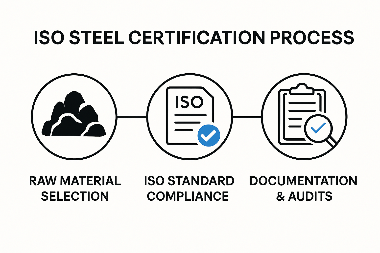 ISO steel certification and quality assurance process infographic
