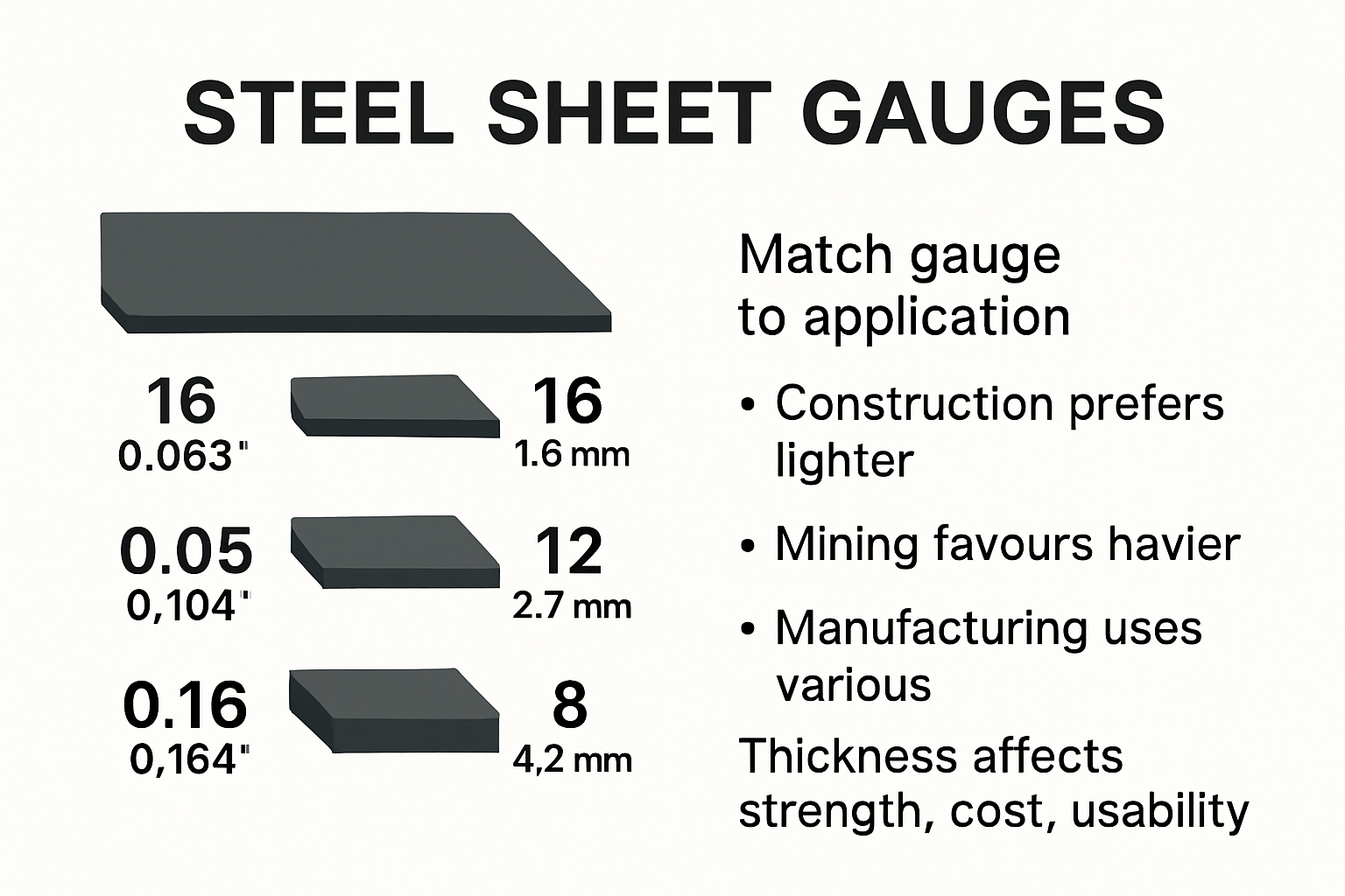 Comparison of steel sheet sizes and gauges