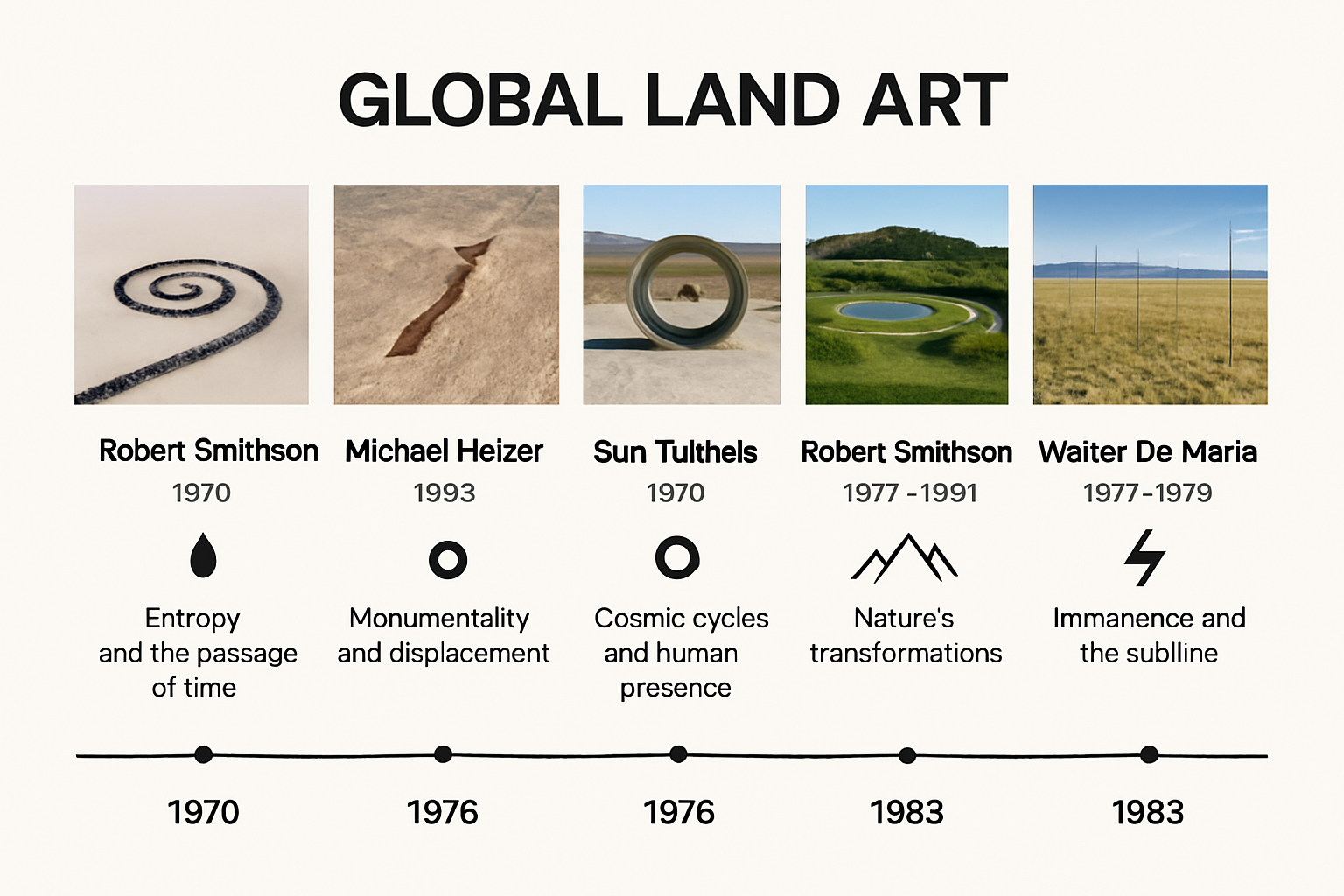 Visual timeline comparing global landmark land art installations