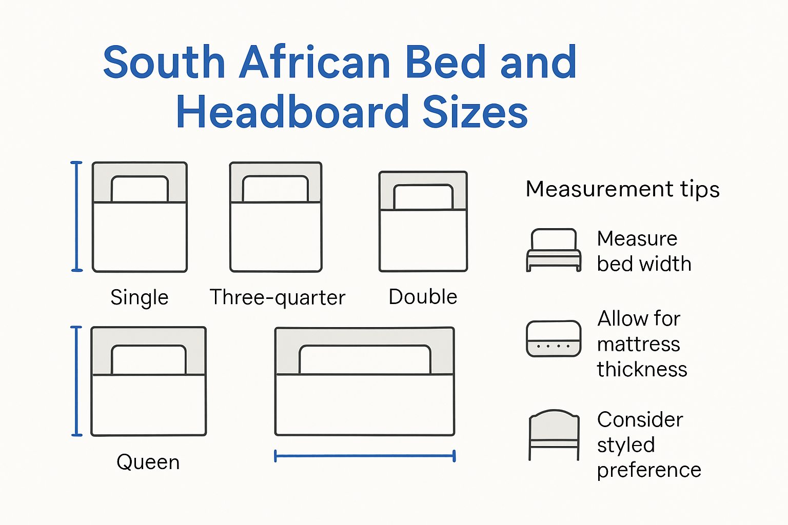 Infographic showing recommended bed and headboard dimensions for South Africa