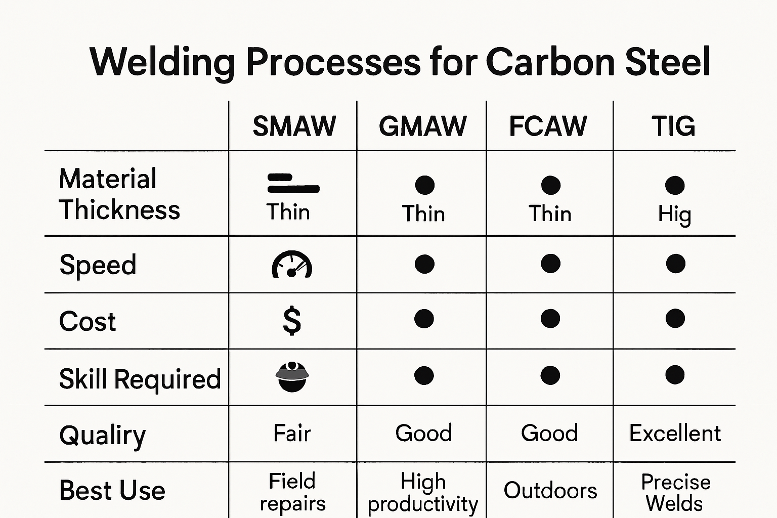 Infographic comparing carbon steel welding methods and selection criteria