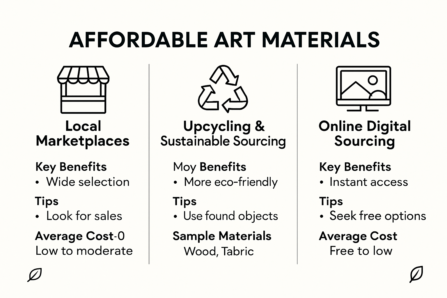 Infographic comparing local, upcycled, and online art material sourcing options
