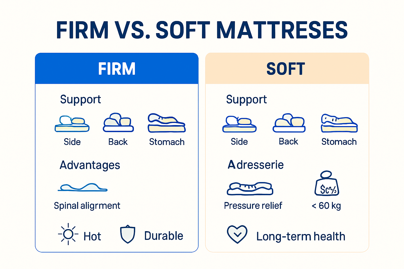 Infographic comparing firm and soft mattresses, sleep positions, and benefits
