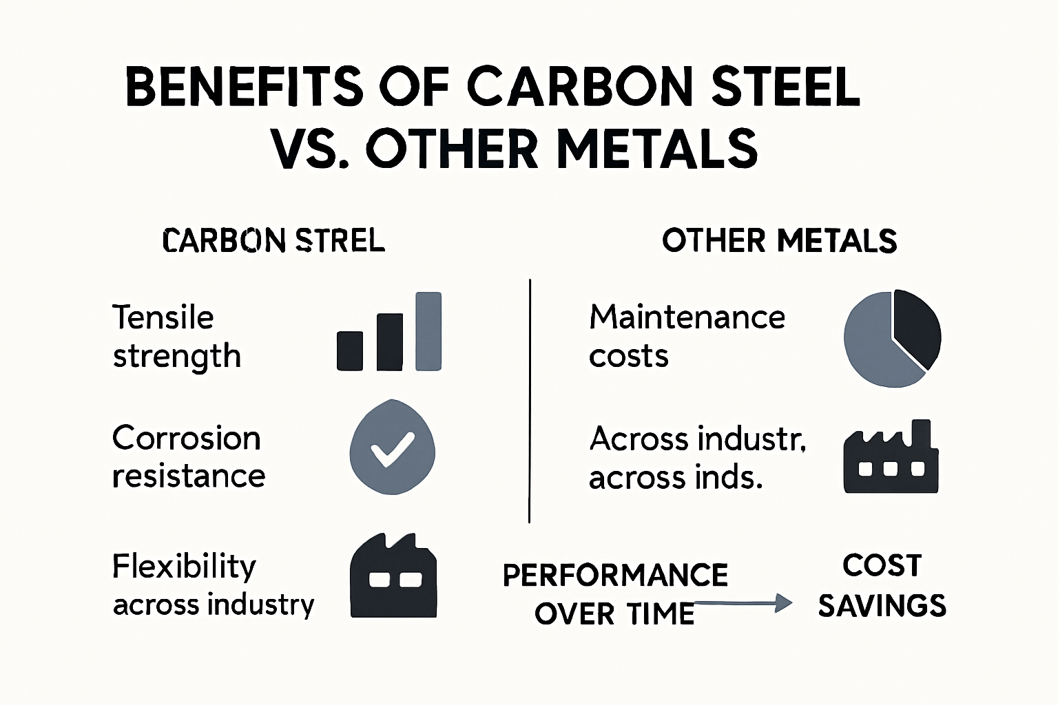 Infographic illustrating carbon steel strengths, cost advantages, and uses