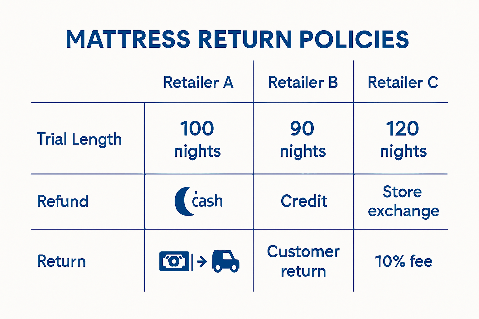 Comparison of mattress return policies across Gauteng retailers.