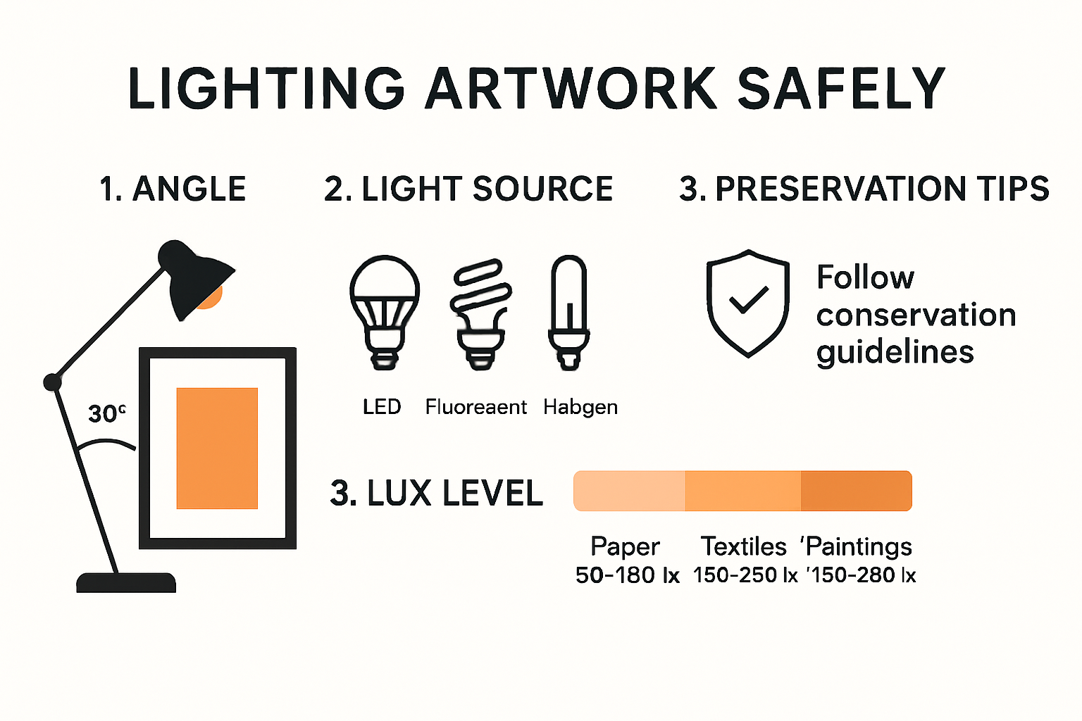 Infographic showing artwork lighting safety steps and tips