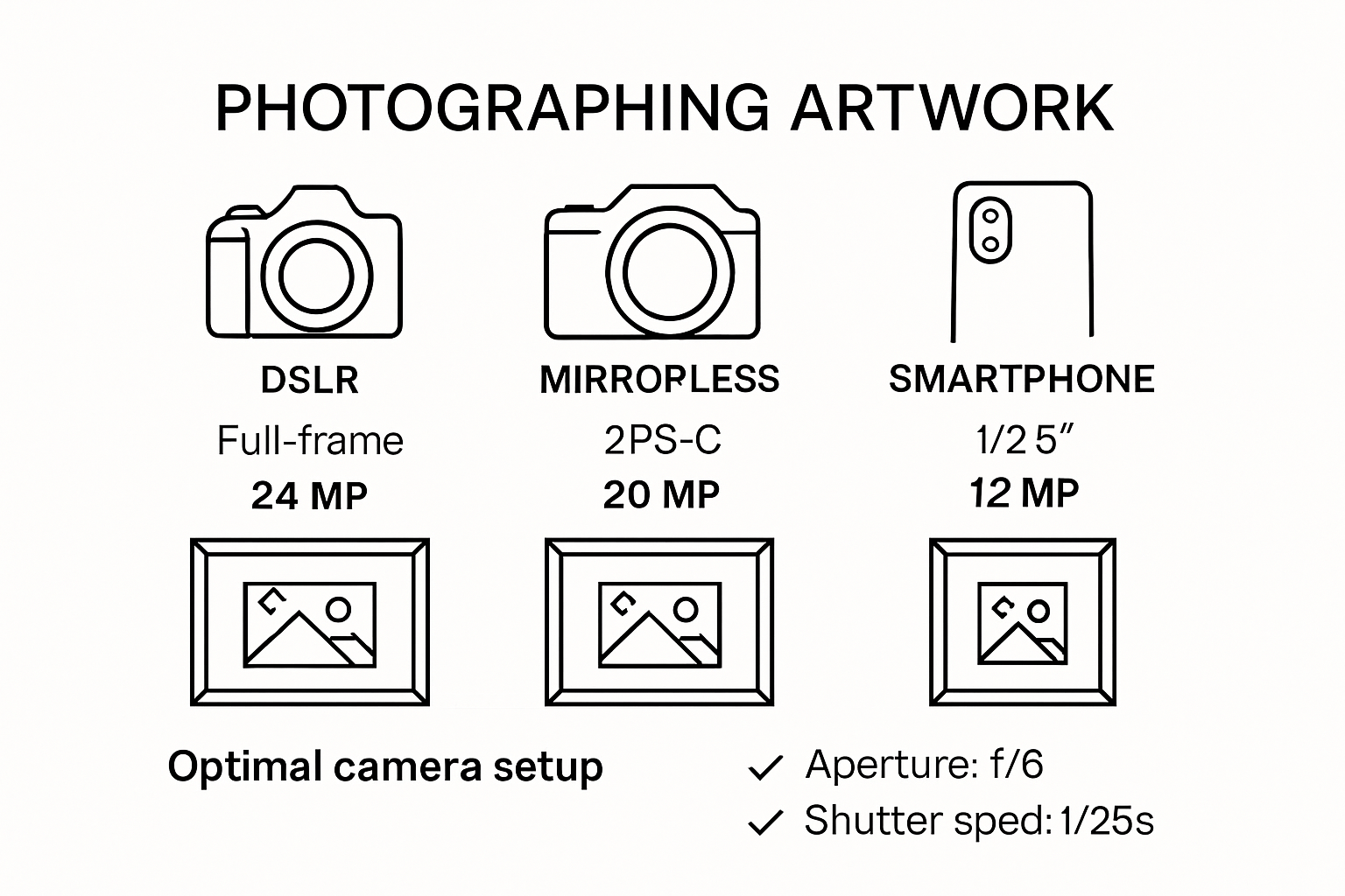 Infographic comparing camera types and settings for artwork photography