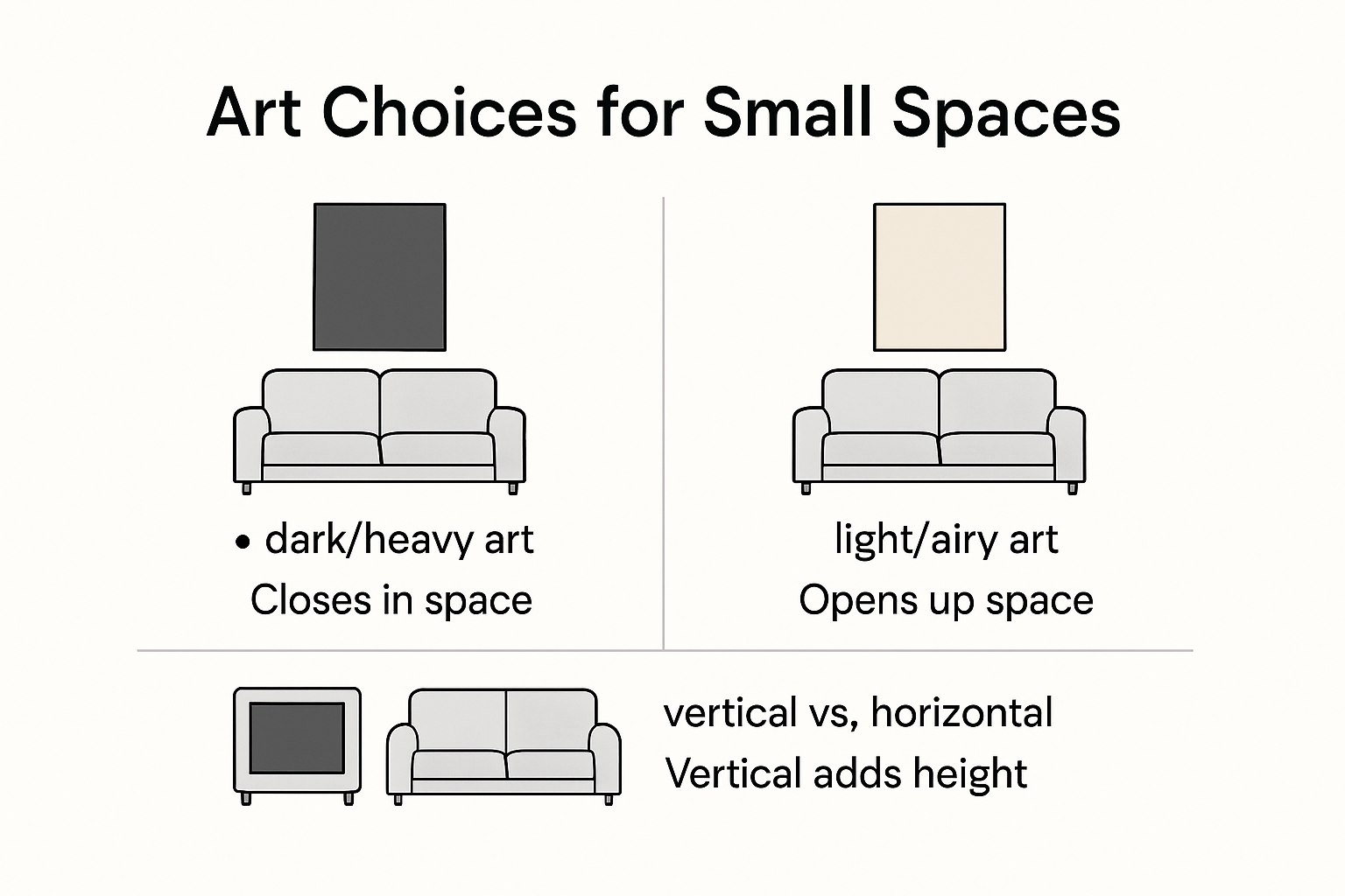 Infographic comparing art color palettes and scales for small rooms