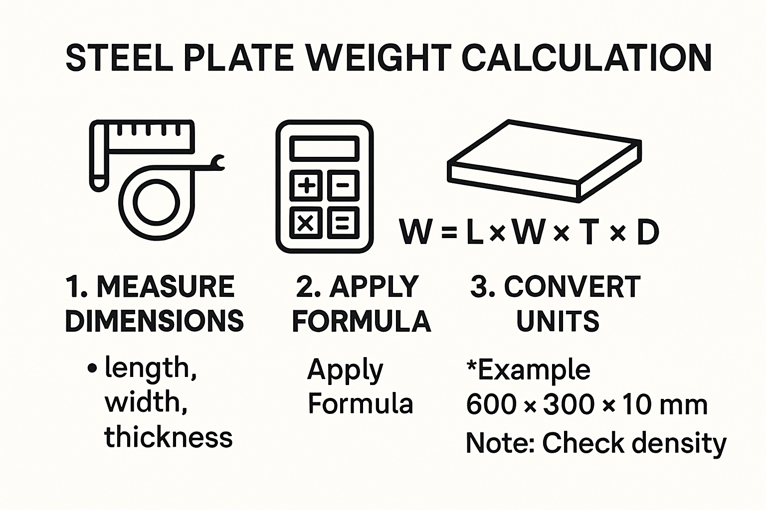 Infographic illustrating steel plate weight calculation steps