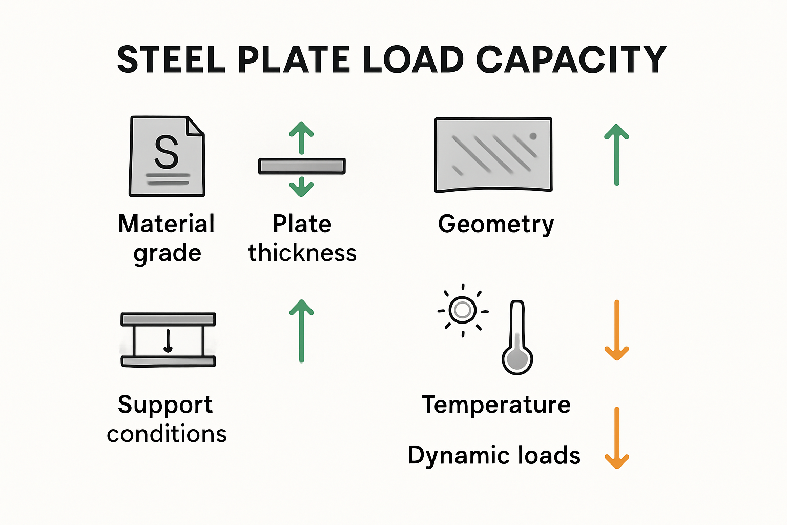 Infographic summarizing core factors affecting steel plate load capacity