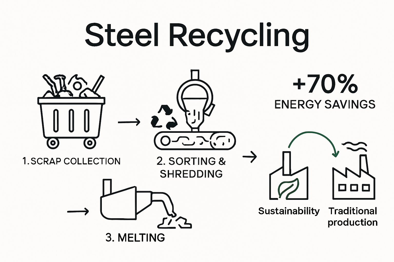 Steel recycling process step-by-step infographic