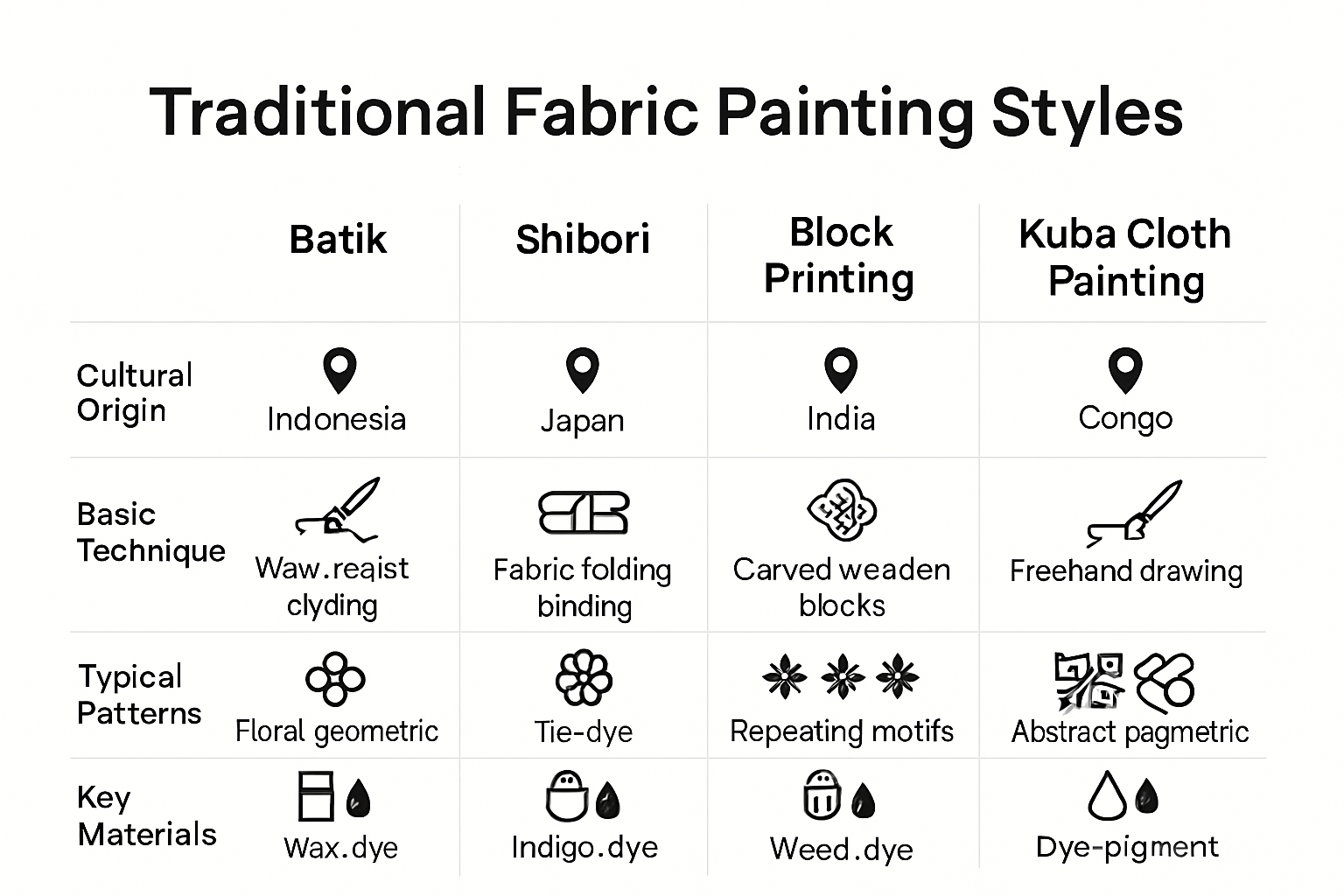 Comparison of global fabric painting styles and techniques infographic