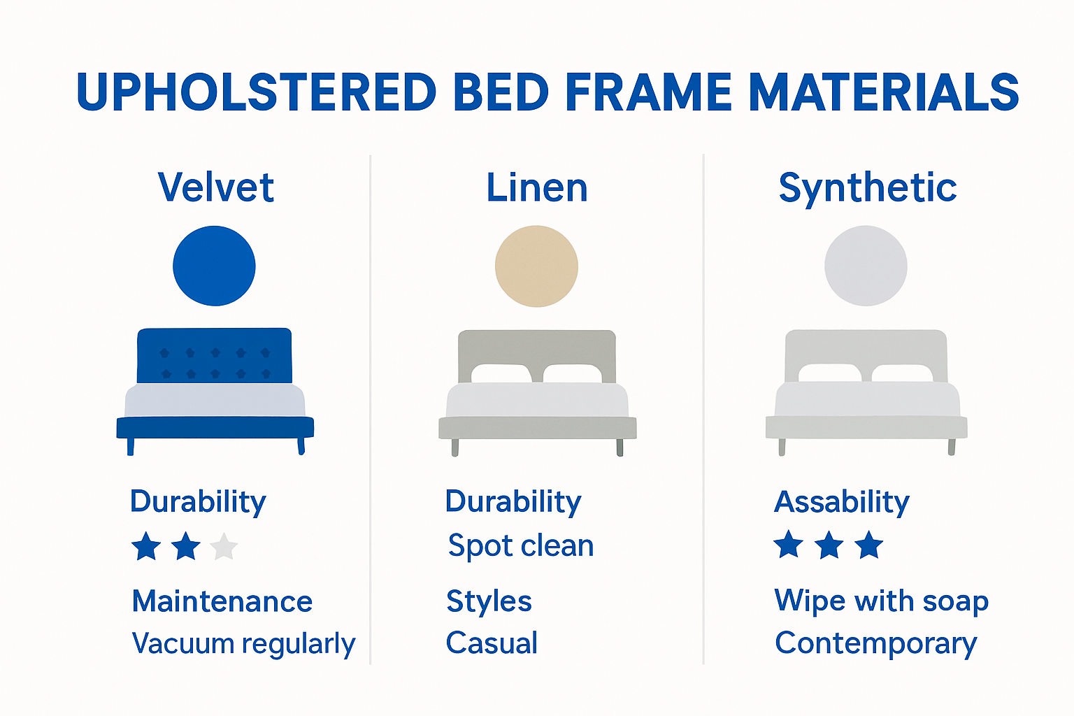Infographic: fabric types, durability, and styles for upholstered bed frames