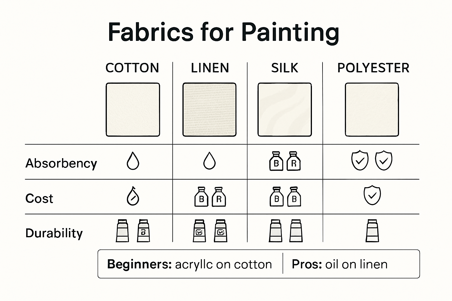 Comparison chart of painting fabrics and properties