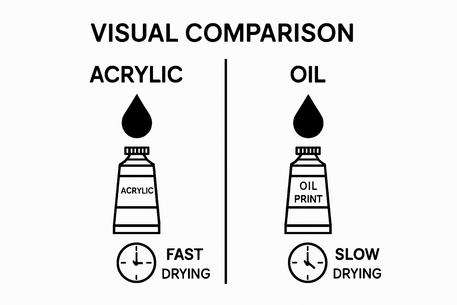 Infographic comparing drying times and binders of acrylic and oil paint
