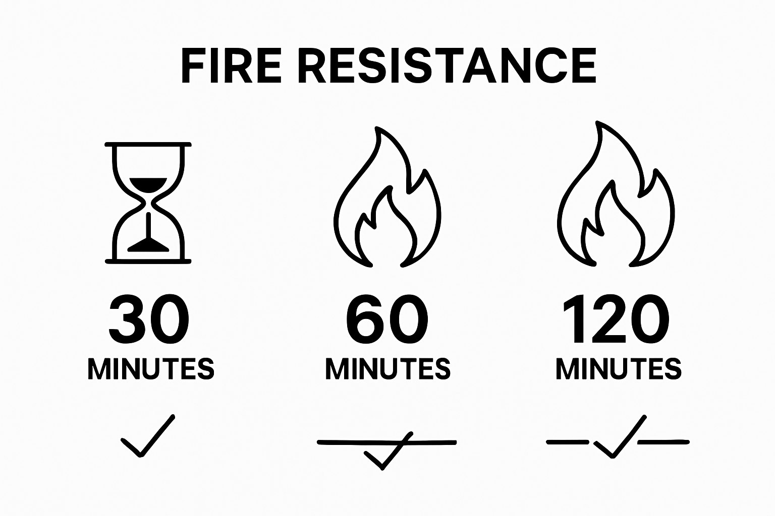 Infographic comparing steel fire resistance ratings: 30, 60, and 120 minutes