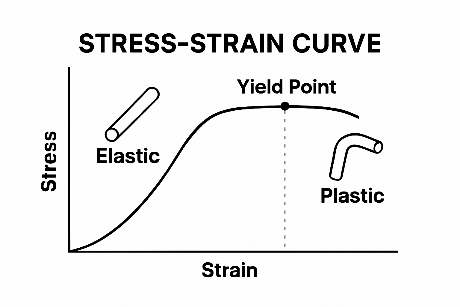 Stress-strain curve showing yield point transition in steel