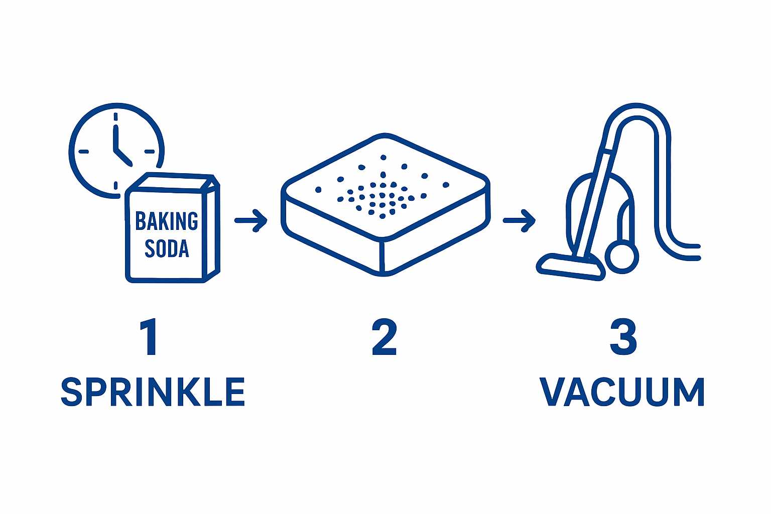 Infographic showing baking soda being sprinkled on a mattress, allowed to rest, then vacuumed away