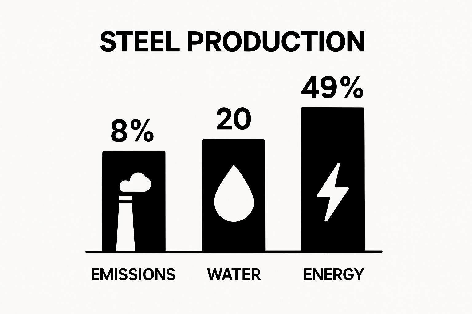 Infographic comparing steel industry's CO2 emissions, water use, and energy consumption