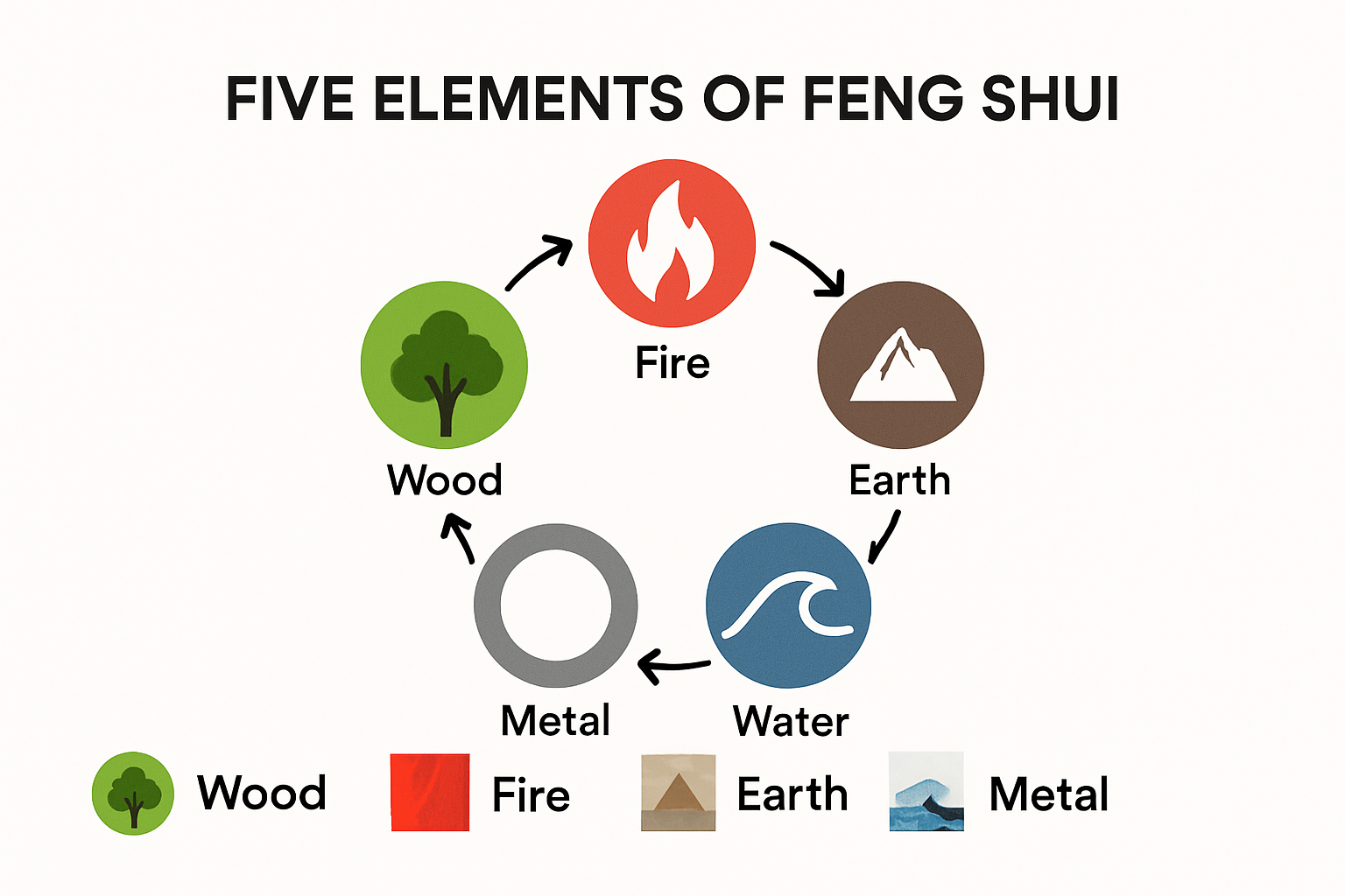Infographic of the Five Elements in Feng Shui with matching art examples