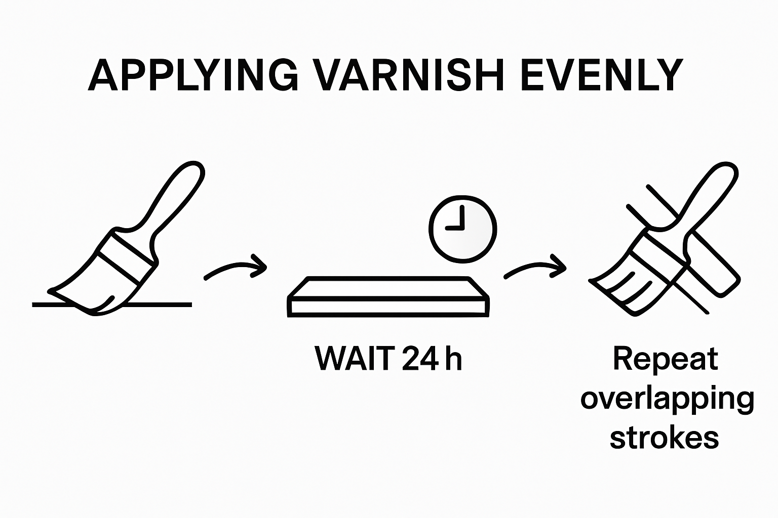 Step-by-step diagram showing 3 key actions to apply varnish evenly to a painting