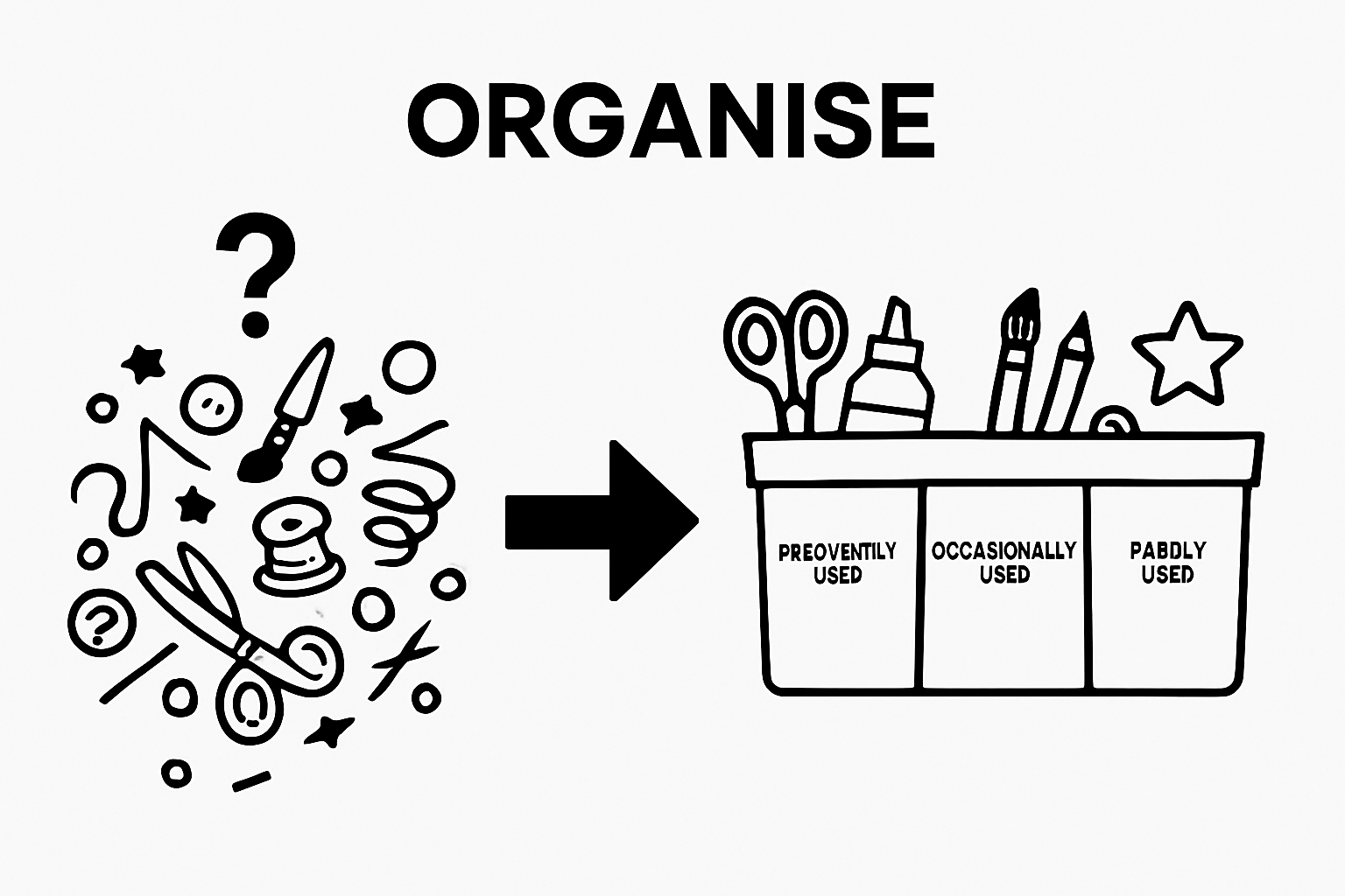 Before and after organizing craft supplies by usage frequency