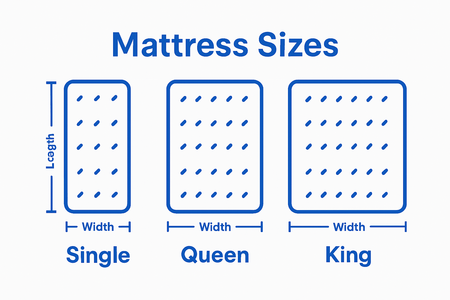 Single, Queen, and King bed size comparison infographic