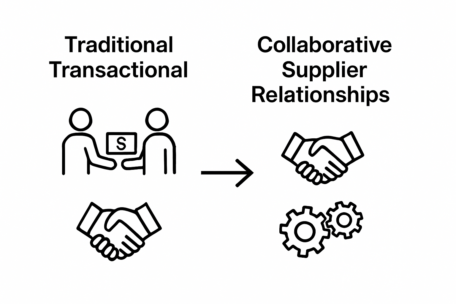 Comparison of traditional vs. collaborative supplier partnerships using basic icons