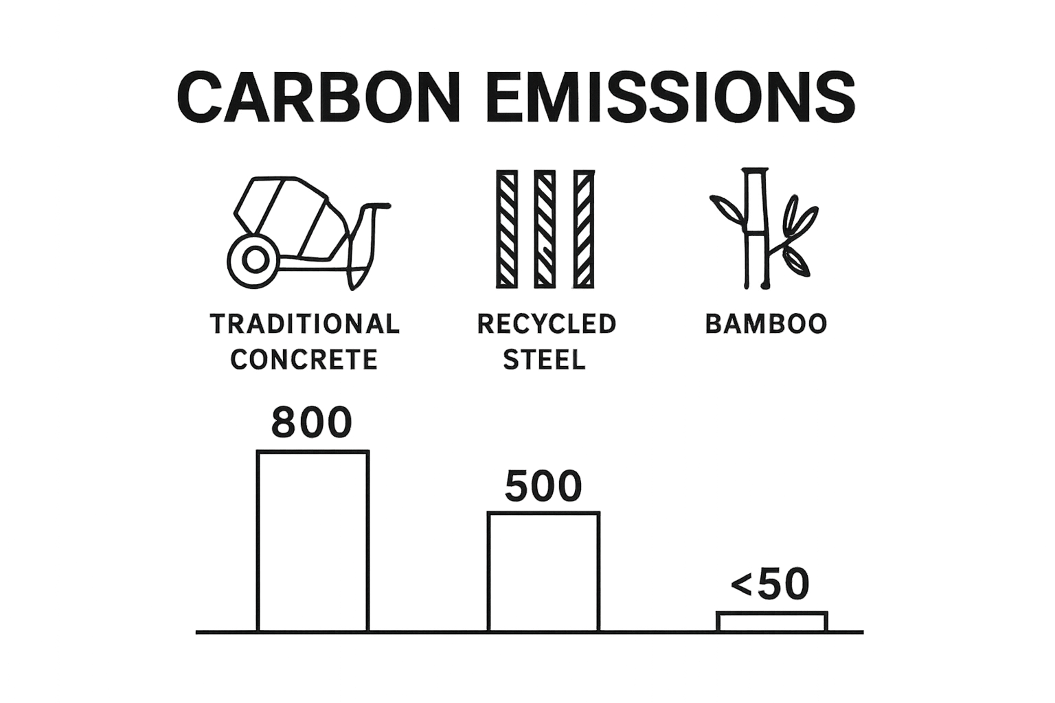 Carbon emissions comparison of concrete, steel, bamboo