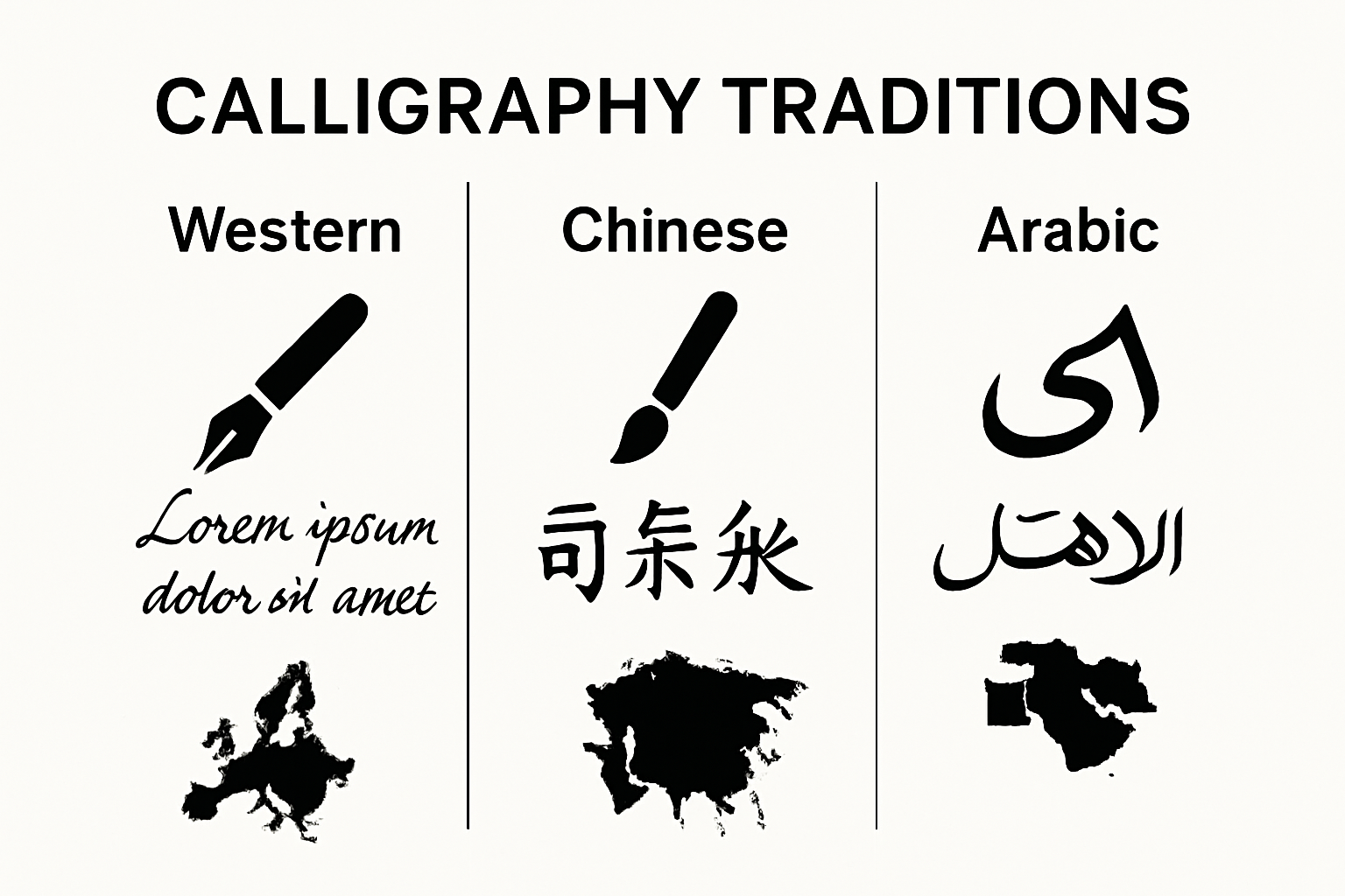 Simple infographic showing Western, Eastern, and Arabic calligraphy styles side by side.