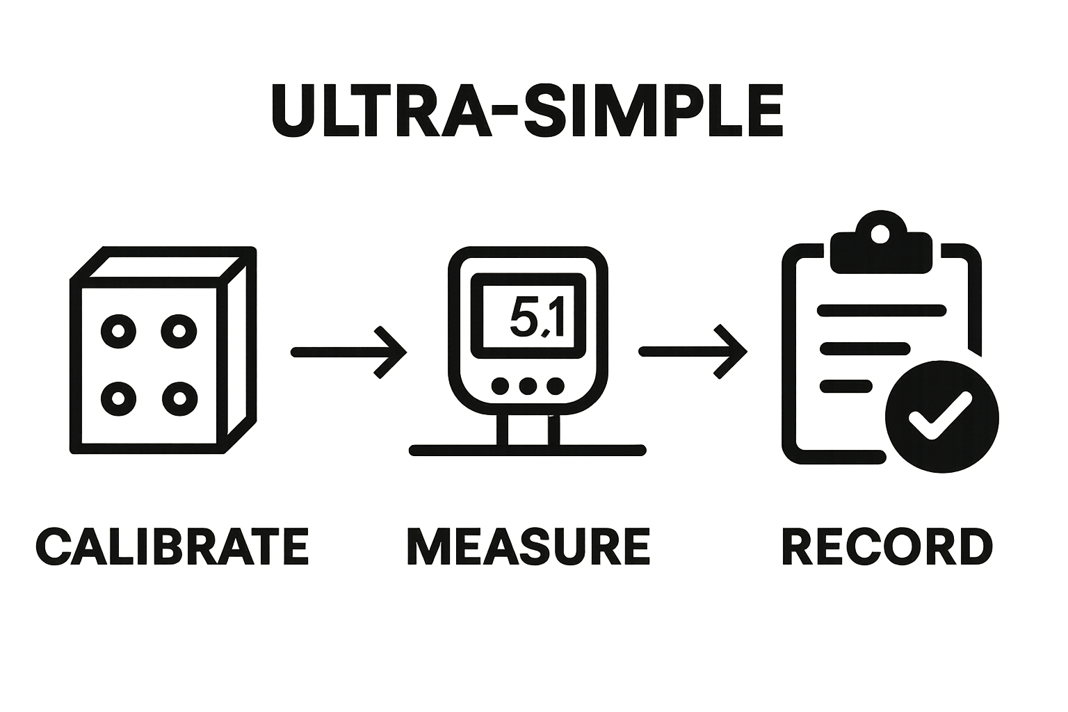 Infographic showing calibrate, measure, and verify steps for steel sheet thickness gauge.