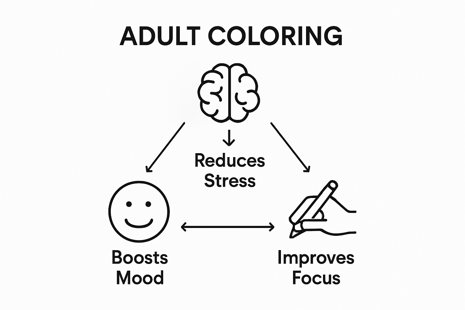 Infographic showing reduced stress, improved mood, and increased focus from adult coloring